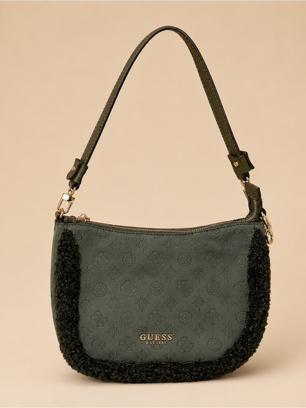 GUESS Olive Green Logo-Embossed Shoulder Bag with Dark green Trim
